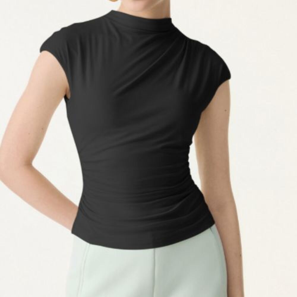 OGL Eco SkinKiss Black Mock Neck Ruched Detail Built In Bra Top Size Small
